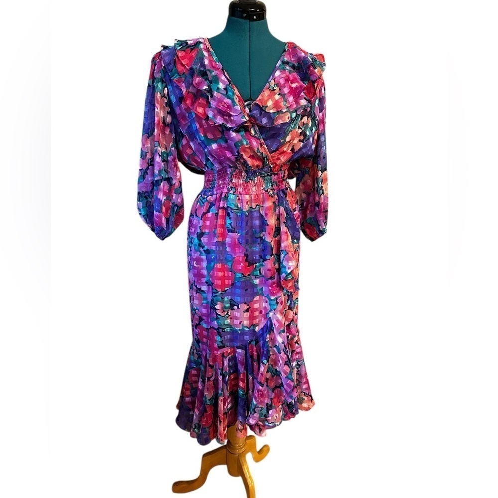 VINTAGE 80's Susan Tudor Pink Floral Midi Dress Pleated Cottagecore Ruffle S - Picture 2 of 14
